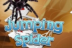 점프하는 거미와 흩어진 카드 위로 Jumping Spider라는 파란색 글자가 있는 이미지