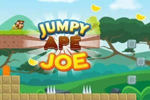 원숭이가 있는 플랫폼 위에 JUMPY APE JOE라는 텍스트가 있으며, 나무와 초원이 있는 배경