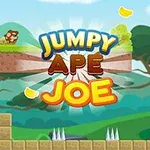 원숭이가 있는 플랫폼 위에 JUMPY APE JOE라는 텍스트가 있으며, 나무와 초원이 있는 배경