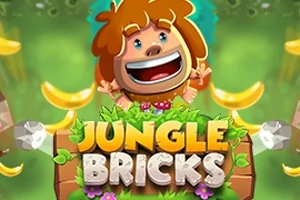 원시인이 죽마 위에 앉아서 바나나를 배경으로 웃고 있는 모습과 JUNGLE BRICKS라는 텍스트