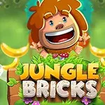 원시인이 죽마 위에 앉아서 바나나를 배경으로 웃고 있는 모습과 JUNGLE BRICKS라는 텍스트