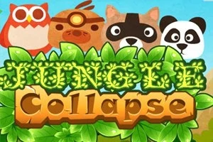 네 마리의 귀여운 동물과 Jungle Collapse라는 제목이 있는 색감이 밝은 이미지