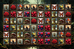 나무 배경에 곤충, 버섯, 꽃 등 다양한 자연 요소가 그려진 격자 배열 이미지