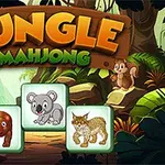 정글의 배경에 Jungle Mahjong이라는 글자가 있고 세 개의 동물 타일과 주변에 다양한 정글 동물들이 있는 이미지