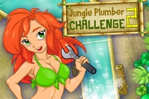 빨간 머리를 가진 여성이 녹색 비키니를 입고 스패너를 들고 있는 모습과 Jungle Plumber Challenge 2라는 글자가 나무 간판에 적혀 있습니다
