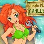 빨간 머리를 가진 여성이 녹색 비키니를 입고 스패너를 들고 있는 모습과 Jungle Plumber Challenge 2라는 글자가 나무 간판에 적혀 있습니다