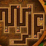 갈색 톤의 동그란 배경 안에 복잡한 미로와 여러 개의 버튼이 배치되어 있는 모습