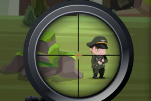 저격 소총 조준경을 통해 군복을 입은 캐릭터가 조준되고 있습니다