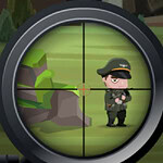 저격 소총 조준경을 통해 군복을 입은 캐릭터가 조준되고 있습니다