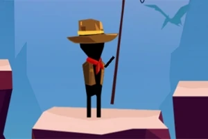 모자와 빨간 스카프를 착용한 검은 실루엣의 인물이 막대기를 들고 절벽에 서 있는 모습