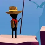 모자와 빨간 스카프를 착용한 검은 실루엣의 인물이 막대기를 들고 절벽에 서 있는 모습