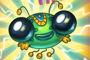 초록색 몸통에 커다란 눈과 밝은 장식이 있는 귀여운 외계 생물체