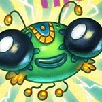 초록색 몸통에 커다란 눈과 밝은 장식이 있는 귀여운 외계 생물체