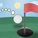 녹색 필드 위에 깃발이 있는 홀 근처로 공이 날아가는 모습을 배경으로 하늘과 구름이 있는 장면