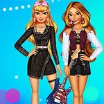 두 명의 여성 캐릭터가 화려한 의상과 일렉트릭 기타를 배경으로 서 있는 이미지