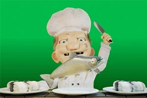 초록색 배경 앞에 요리사 복장을 한 캐릭터가 한 손에 생선과 다른 손에 칼을 들고 있다