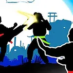 세 명의 검은 실루엣 인물이 무술 동작을 취하고 있는 장면