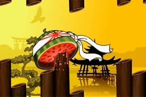 노란 배경에 수박이 슬라이스되며 나뭇조각 사이로 등장하고, 뒤에 일본식 건물이 실루엣으로 보입니다