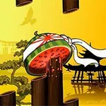 노란 배경에 수박이 슬라이스되며 나뭇조각 사이로 등장하고, 뒤에 일본식 건물이 실루엣으로 보입니다