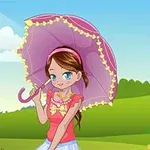 분홍색 파라솔을 들고 있는 소녀가 푸른 초원 배경 앞에 서 있다