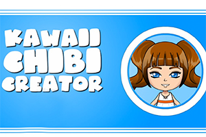 파란색 배경에 Kawaii Chibi Creator라는 텍스트와 양쪽으로 묶은 갈색 머리 소녀의 일러스트가 있습니다