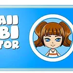 파란색 배경에 Kawaii Chibi Creator라는 텍스트와 양쪽으로 묶은 갈색 머리 소녀의 일러스트가 있습니다