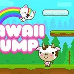 귀여운 동물 캐릭터, 무지개와 구름 플랫폼이 있는 만화 스타일의 밝고 색감이 풍부한 장면