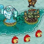 얼음과 이끼로 이루어진 별 모양의 땅 위에 여러 몬스터들과 캐릭터들이 배치되어 있습니다