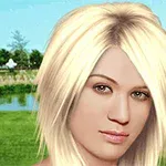 금발 머리의 여성 캐릭터가 자연 풍경 배경 앞에 있는 모습