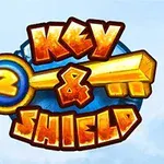 큰 열쇠와 방패 모양의 숫자 2가 포함된 밝고 화려한 로고