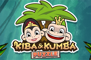 두 마리 원숭이 얼굴이 열대 나무 앞에 있으며, KIBA & KUMBA PUZZLE 로고가 아래에 있는 이미지