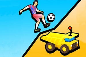 축구 선수가 공을 차는 모습과 노란색 장난감 덤프트럭