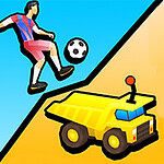 축구 선수가 공을 차는 모습과 노란색 장난감 덤프트럭