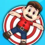 파란 배경 앞에 빨간 상의를 입은 캐릭터가 원형 표적 위에 누워 있는 모습