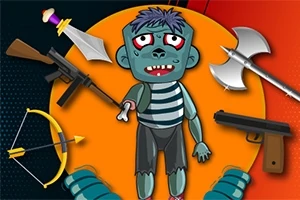 좀비 모양의 캐릭터가 중앙에 있고 주변에 다양한 무기들이 배치되어 있는 이미지