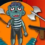 좀비 모양의 캐릭터가 중앙에 있고 주변에 다양한 무기들이 배치되어 있는 이미지