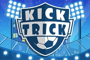 축구 경기장의 대형 조명 아래에 KICK TRICK라는 글자가 적힌 방패 모양 로고가 중앙에 있는 이미지