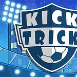 축구 경기장의 대형 조명 아래에 KICK TRICK라는 글자가 적힌 방패 모양 로고가 중앙에 있는 이미지