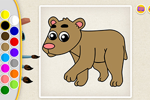 갈색 곰을 그린 만화 스타일 일러스트레이션과 옆에 다양한 색상의 팔레트가 있는 그림