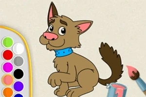 만화 스타일의 갈색 강아지가 파란 목걸이를 차고 있는 모습과 왼쪽에는 다양한 색상의 팔레트, 오른쪽 아래에 붓과 페인트 통이 있는 이미지