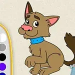 만화 스타일의 갈색 강아지가 파란 목걸이를 차고 있는 모습과 왼쪽에는 다양한 색상의 팔레트, 오른쪽 아래에 붓과 페인트 통이 있는 이미지