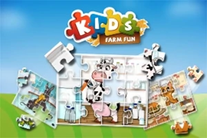 밝은 초원 배경에 퍼즐 조각들로 이루어진 소 그림과 Kids Farm Fun 제목이 있는 이미지
