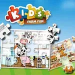 밝은 초원 배경에 퍼즐 조각들로 이루어진 소 그림과 Kids Farm Fun 제목이 있는 이미지