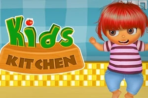 빨간 머리를 가진 어린 아이가 줄무늬 셔츠를 입고 있으며, 왼쪽에는 Kids Kitchen이라는 글자가 있는 이미지
