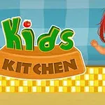 빨간 머리를 가진 어린 아이가 줄무늬 셔츠를 입고 있으며, 왼쪽에는 Kids Kitchen이라는 글자가 있는 이미지