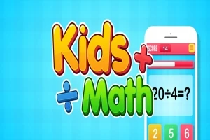 알록달록한 글자의 Kids Math와 휴대폰 화면에 수학 문제인 20÷4=?