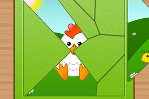 초록색 퍼즐 조각들 사이로 닭과 병아리가 있는 풍경이 보입니다