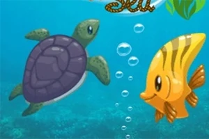 바닷속에서 거북이와 노란 물고기가 물방울 사이로 헤엄치는 모습