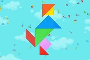 다양한 색상의 기하학적 모양들이 하늘 배경 위에 배열된 이미지