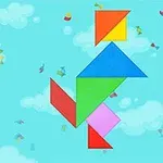 다양한 색상의 기하학적 모양들이 하늘 배경 위에 배열된 이미지